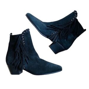 IRO black genuine suede bohemian fringe ankle booties